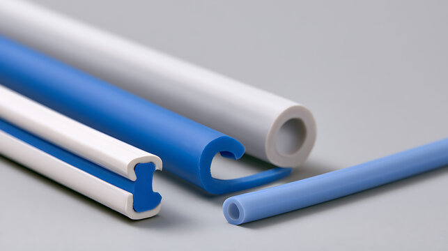 Assorted blue and white plastic tubes and tubing profiles illustrate industrial production, materials science, and medical device design