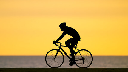 Obraz premium Silhouette of a cyclist ride by the ocean at sunset, showcasing an active lifestyle, health, and freedom against a vibrant sky