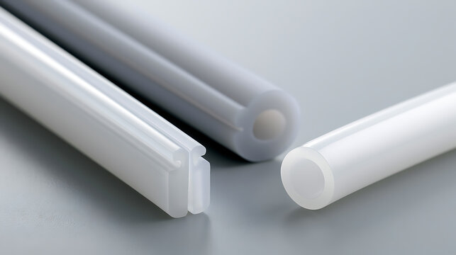 Close up view of various white and gray elastic polymer tubes and profiles, showcasing their textures and shapes on a smooth surface