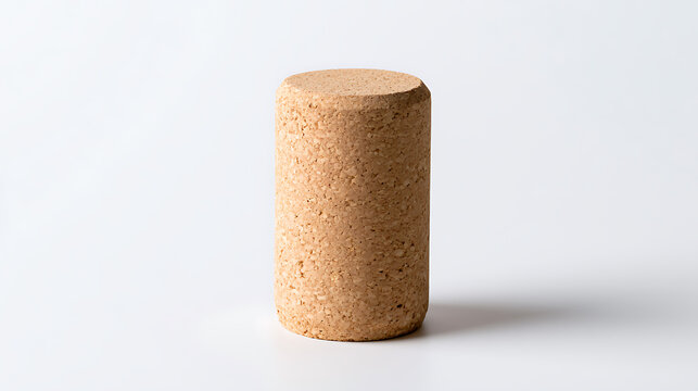 Natural cylindrical cork stopper stand alone on a clean white background, showcasing its textured surface and earthy beige brown tones