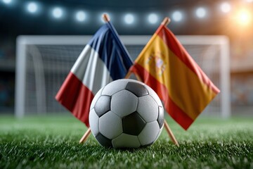 Fototapeta premium Soccer ball with French and Spanish flags on a stadium field. Sports.
