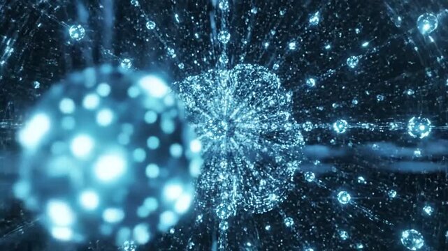A luminous blue abstract sphere composed of countless small glowing particles and interconnected lines radiates light in a dark digital environment Keywords: abstract, technology, futuristic