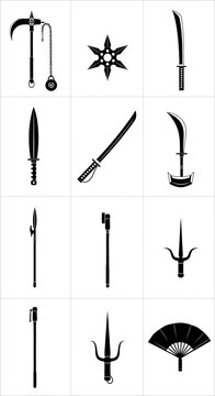 Japanese ninja weapon silhouettes, set of 12 traditional martial arts equipment icons, black samurai sword and shuriken vector illustrations