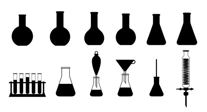 Laboratory glassware silhouettes, chemistry beaker and flask icons, scientific equipment set of 12 vector elements for research and education
