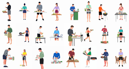Fototapeta premium Set of flat vector illustrations of fit men and women preparing, cooking, and meal prepping healthy dishes with salmon and fresh vegetables.