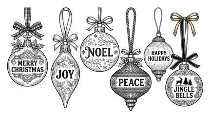 Vintage Christmas Ornaments with Festive Greetings and Ribbons © supri