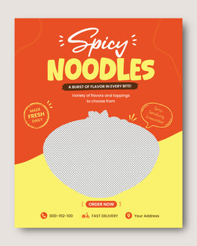 Spicy Noodles Restaurant Social Media Post Template, Asian Food Promotion Design, Instant Noodle Special Offer Flyer, Fast Food Restaurant Marketing Template, Delicious Noodle Menu Advertisement 