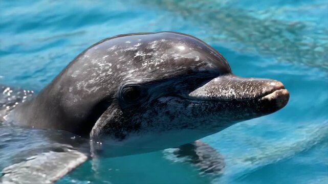 A dolphin, partially submerged, surfaces in vibrant blue water, its eye and snout in focus