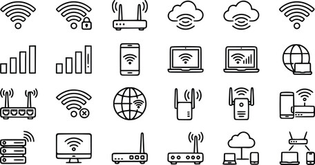 Fototapeta premium Wireless network and wifi router line art icon set