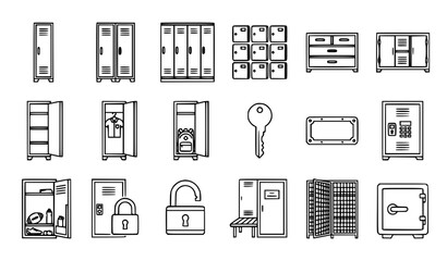 Minimal locker outline icon collection with storage cabinet gym locker security and changing room symbols vector set © Farjanabegum