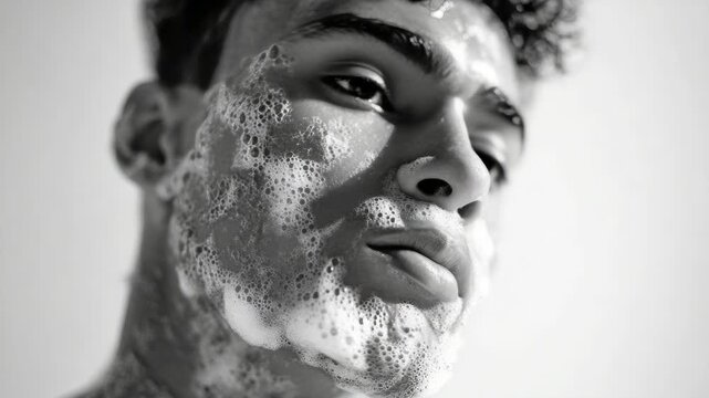 Close-up black and white shot of young man. Foam covers his face and neck. He gazes upward, lips slightly pursed. Soft lighting highlights facial features. Natural texture of foam adds depth