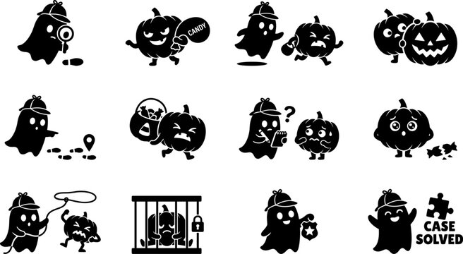 Ghost detective investigating pumpkin candy theft story set with clues tracks chase scene and case solved icon.