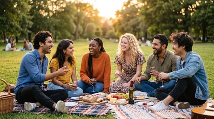Fototapeta premium Group of diverse friends enjoying a picnic with wine in a sunny park at sunset.