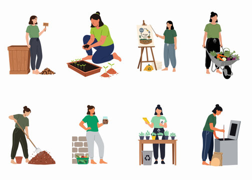 Flat vector illustration set of women practicing sustainable gardening, composting, and eco-friendly farming activities for environmental conservation.