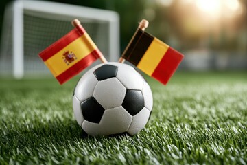 Obraz premium Spain and Belgium flags on a soccer ball. Football match concept.