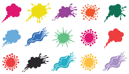 Obraz premium A vibrant collection of fifteen colorful abstract splatters, waves, and starbursts, each infused with distinct internal patterns, presented clearly on a clean white background.