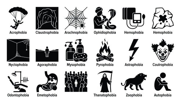 Set of universal phobia icon concepts illustrating common human fears and anxieties for mental health awareness and educational materials