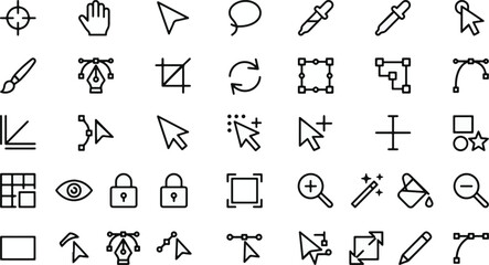 Graphic design and UI UX editing tool icons set. Vector line art collection featuring mouse cursors, pen tool, brush, crop, rotate, zoom, lock, eyedropper, magic wand, anchor points © Itx Musa
