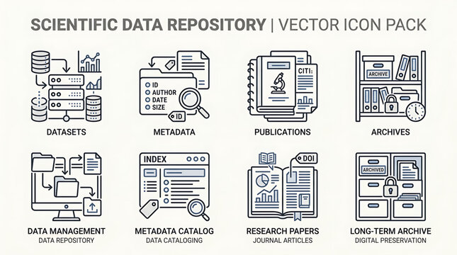 A collection of scientific data repository vector icons depicting datasets, metadata, publications, archives, data management, metadata catalog, research papers, and long-term storage.