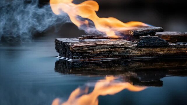 A close-up shot of burning wood on water, with vibrant flames and smokey vapor