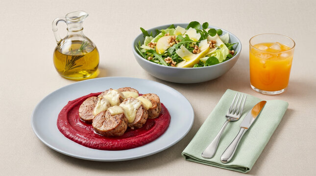 Grilled pork tenderloin medallion with melted cheese atop beetroot pur&eacute;e, accompanied by a fresh pear and walnut salad and tangerine juice