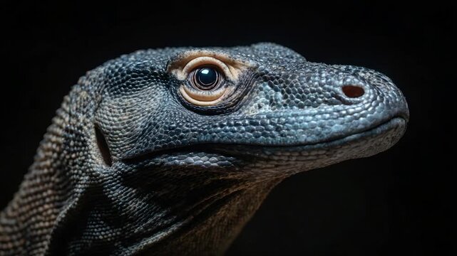 Close-up of a reptile's head. Scales, eye details, and face texture against a black background