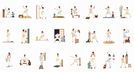 Comprehensive set of flat vector illustrations featuring diverse characters practicing various karate and martial arts poses in traditional Japanese-inspired settings. © Asep