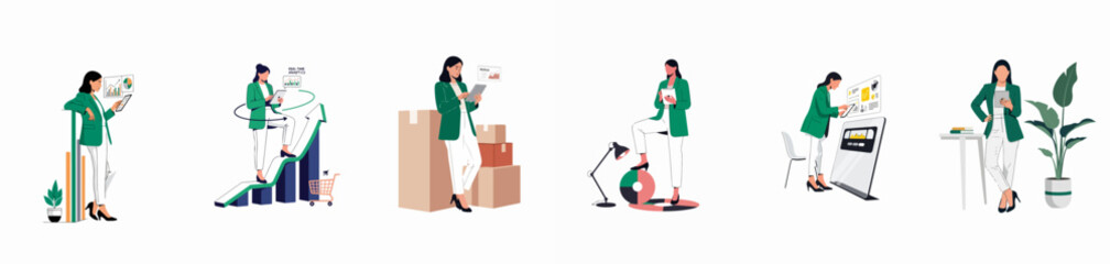 Vector illustrations of a businesswoman managing data analytics, e-commerce logistics, and corporate growth strategies with digital tools and charts. © Juan