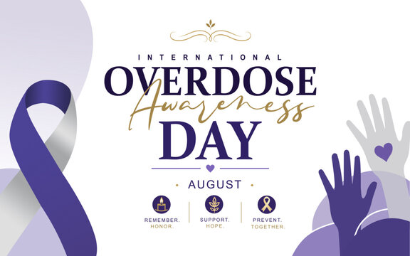 Modern International Overdose Awareness Day banner featuring a purple ribbon, community hands, and hope symbols. Ideal for healthcare campaigns, addiction prevention and memorial events