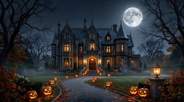 Spooky halloween haunted house with jack o lanterns