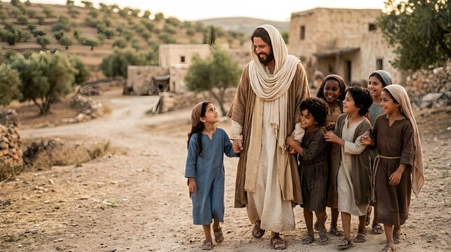 Jesus walking through a village with a group of diverse children. Biblical historical scene showing kindness and teaching. Religious faith, love, and spiritual guidance concept.