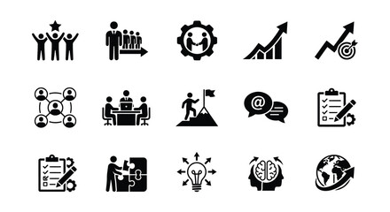Fototapeta premium Collection Of Business And Strategy Icons In Black Silhouette icon teamwork leadership gear growth chart target network meeting