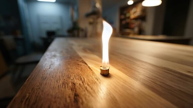 A small candle flame flickers on a wooden surface, the background blurred with interior details