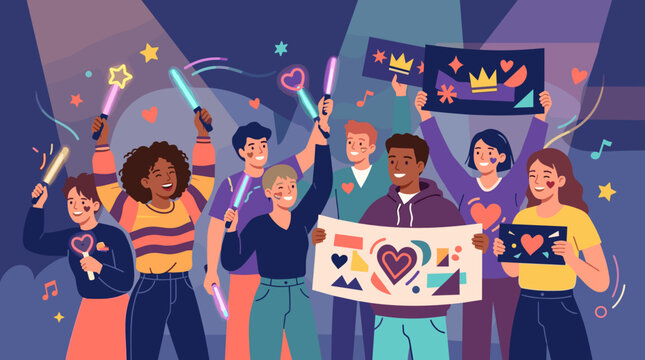 happy concert fans waving light sticks signs confetti during live music event crowd celebration concept for festival entertainment youth culture concert poster event banner fan club