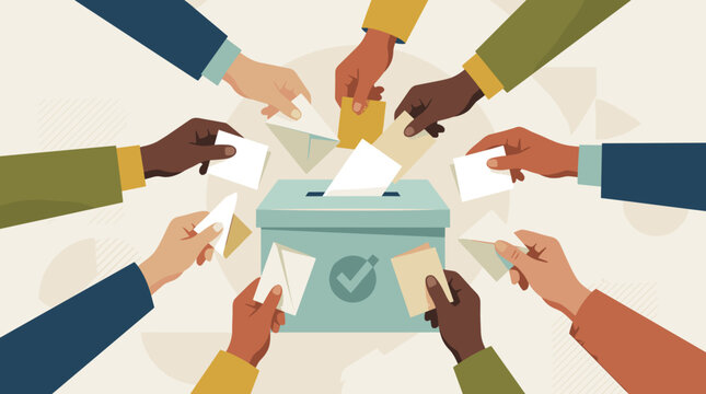 diverse hands placing ballots into box democratic voting concept for election participation civic duty public choice community voice government campaign election poster voter guide
