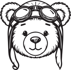 A cute bear wearing a pilot hat and goggles, drawn in a simple, stylized black and white illustration, ready for adventure. © DesignINKZ