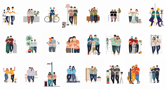 Collection of flat vector illustrations depicting young couples using smartphones and mobile devices in various daily life settings and activities.
