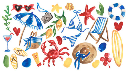 Summer time. Hand drawn whimsy doodle clipart with summer things. Trending bright dopamine imperfect hand painted pictures © Nellya Egorova
