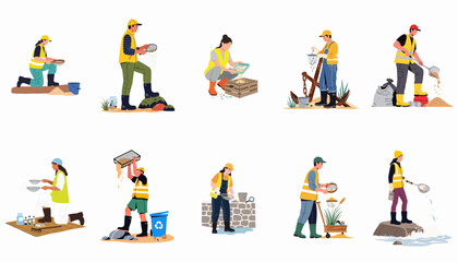 Fototapeta premium Flat illustration set of environmental volunteers and researchers sifting and cleaning debris from natural sites using sieves and specialized equipment.