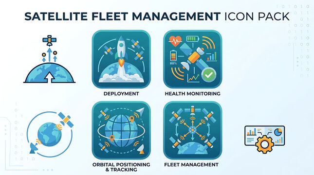 Satellite fleet management system icons display health monitoring and tracking