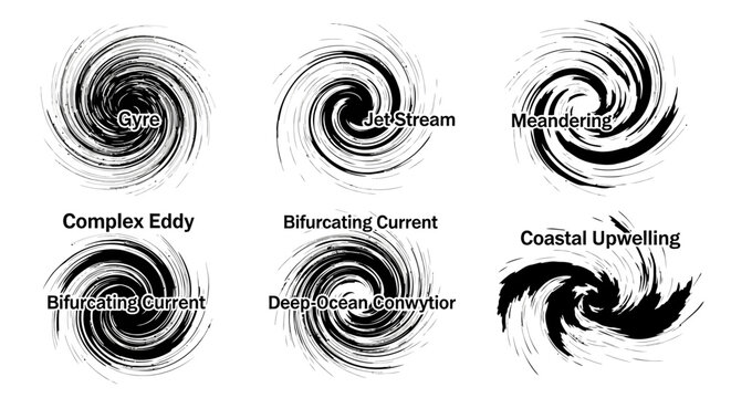 Oceanic vortex and spiral current icons, set of 6 black swirl vectors, scientific oceanography diagrams for gyre and coastal upwelling