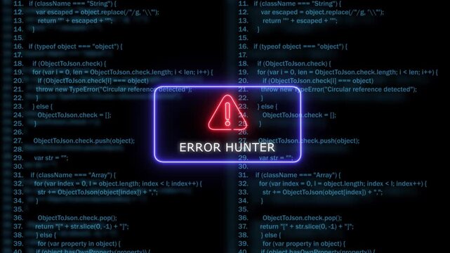 Error hunter warning sign over digital programming code background, for software development