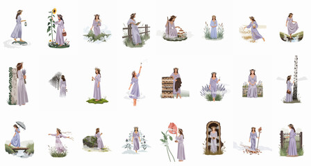 Collection of Whimsical Flat Illustrations Featuring a Woman in a Lavender Dress and Flower Crown in Diverse Nature-Themed and Mystical Settings