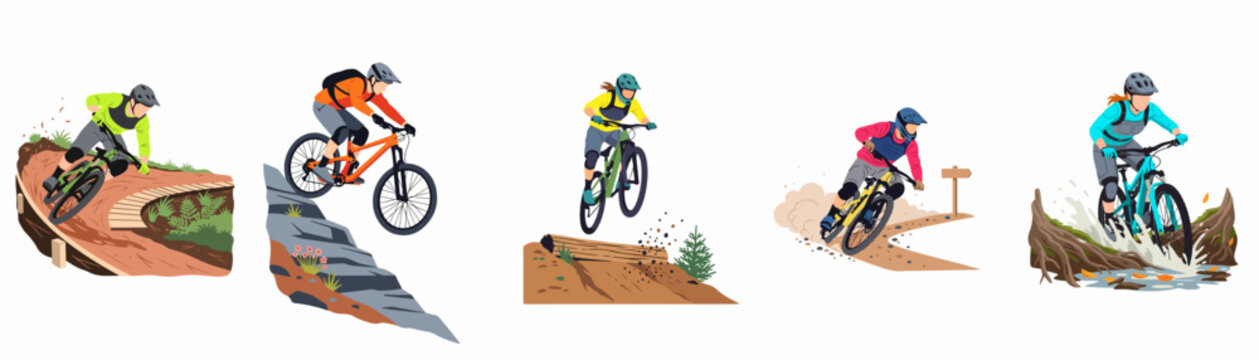 Set of mountain bike riders in various outdoor terrains including rocky slopes, dirt trails, jumps, and water splashes isolated on a white background.