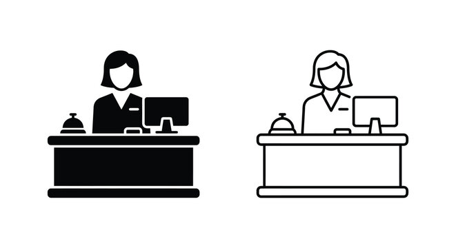 Receptionist at desk with computer and bell black and white line art silhouette hotel front worker office clerk