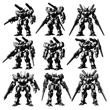 Futuristic mecha robot warrior collection, 9 battle mech soldier silhouettes with heavy armor and weapons, sci-fi combat machine vector set