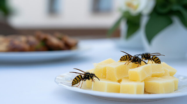 Unwanted pests gather on a plate of tempting yellow cheese cubes during an outdoor meal, highlighting a common problem with nature and food