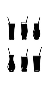 Minimalist cocktail glass silhouettes with straws, set of 6 black drink icons, vector beverage glassware for bar menus and restaurant branding