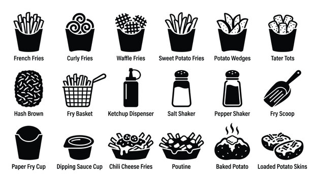 Set of potato and french fry icon graphics representing various fast food side dishes and restaurant serving items for menu design or packaging applications