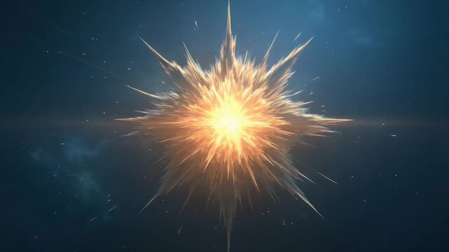 A bright, central explosion with radiating streaks against a dark blue and speckled background